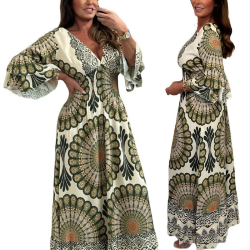 🔥👗Damska sukienka maxi w stylu retro boho z głębokim dekoltem w serek【Elastyczna talia, odpowiednia na każdą okazję】