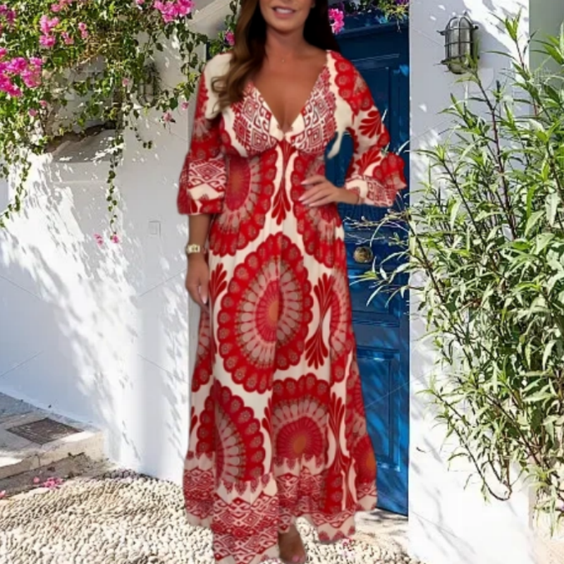🔥👗Damska sukienka maxi w stylu retro boho z głębokim dekoltem w serek【Elastyczna talia, odpowiednia na każdą okazję】