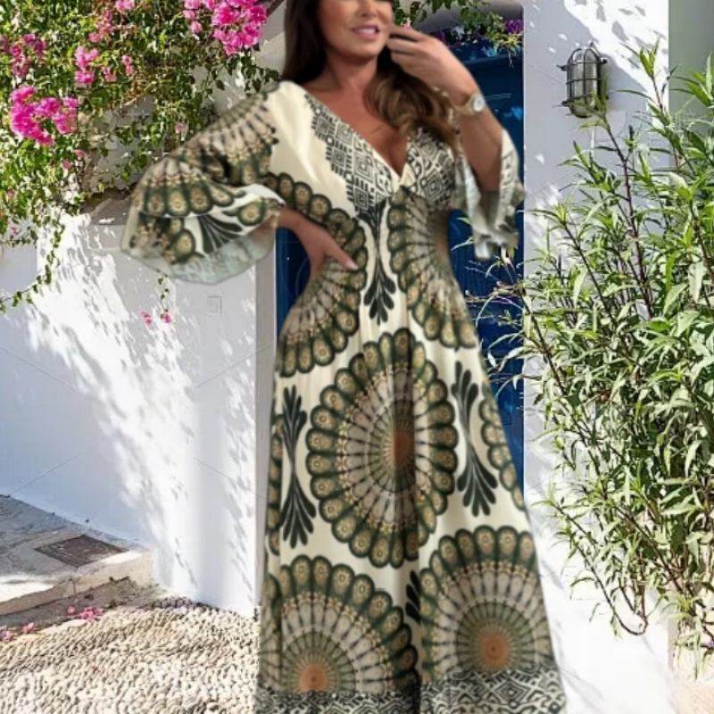 🔥👗Damska sukienka maxi w stylu retro boho z głębokim dekoltem w serek【Elastyczna talia, odpowiednia na każdą okazję】