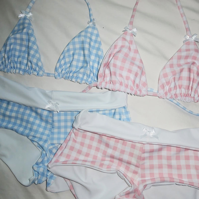 🔥👙Śliczny dwuczęściowy kostium kąpielowy bikini ze wzorem w kratkę i paski dla kobiet