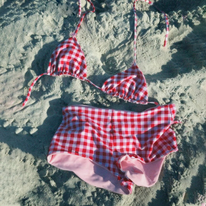 🔥👙Śliczny dwuczęściowy kostium kąpielowy bikini ze wzorem w kratkę i paski dla kobiet