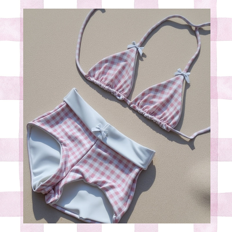 🔥👙Śliczny dwuczęściowy kostium kąpielowy bikini ze wzorem w kratkę i paski dla kobiet