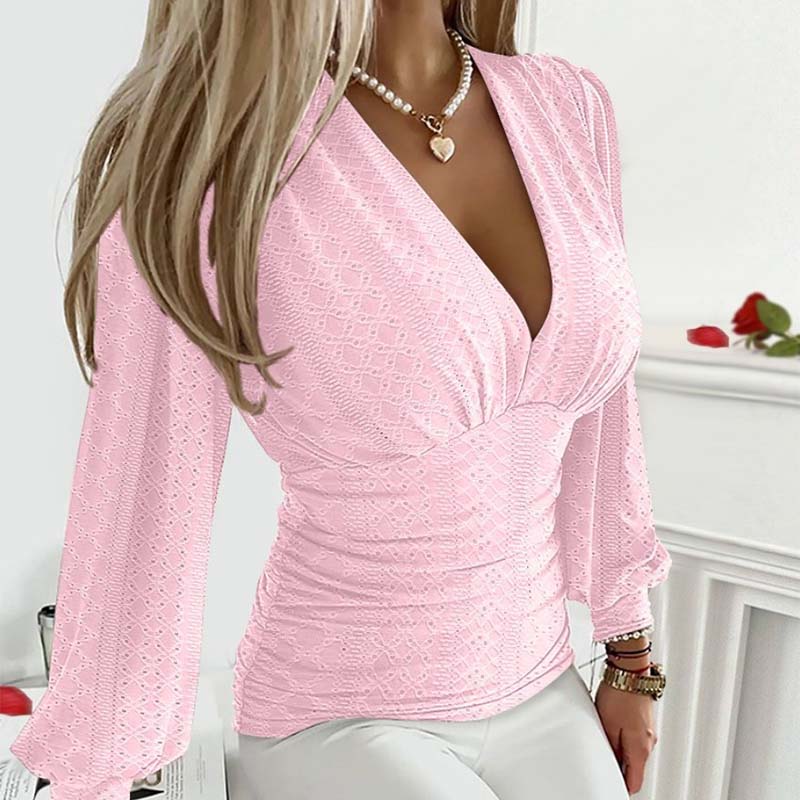 🔥👚Damski seksowny top z dekoltem w serek, jednolitym kolorem, pustym wzorem, talią i długim rękawem