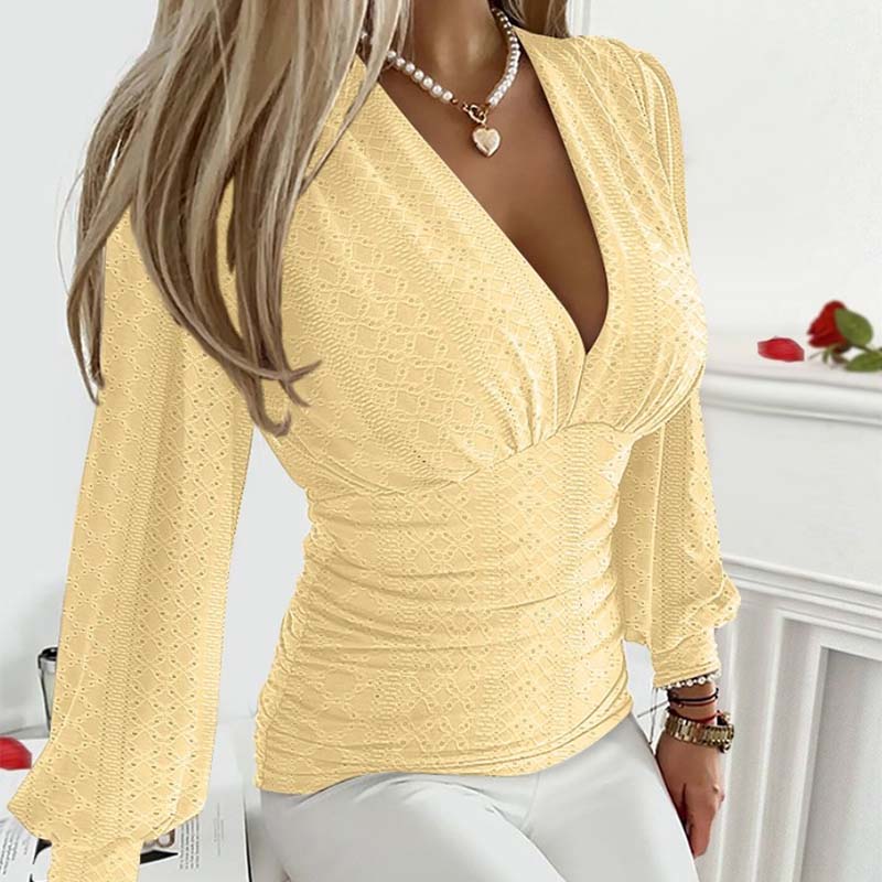 🔥👚Damski seksowny top z dekoltem w serek, jednolitym kolorem, pustym wzorem, talią i długim rękawem