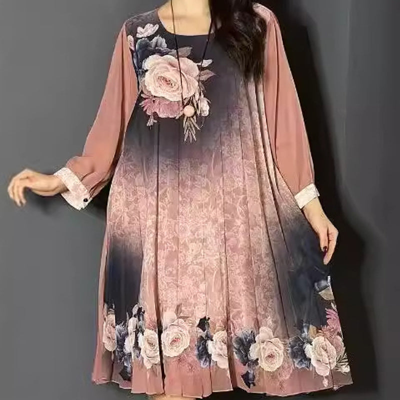 🔥👗Damska sukienka z okrągłym dekoltem i siateczkowymi rękawami w kwiatowy wzór