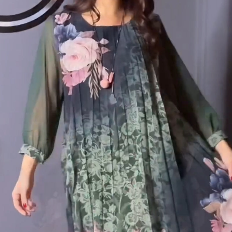 🔥👗Damska sukienka z okrągłym dekoltem i siateczkowymi rękawami w kwiatowy wzór