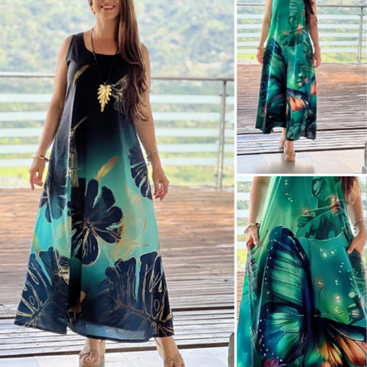 🔥👗Damska luźna, wzorzysta, bezrękawnikowa sukienka maxi