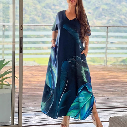 🔥👗Damskie luźne, swobodne sukienki z dekoltem w serek i krótkim rękawem🌸