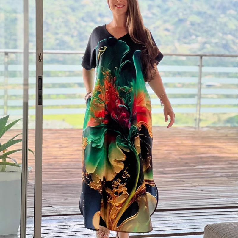 🔥👗Damskie luźne, swobodne sukienki z dekoltem w serek i krótkim rękawem🌸