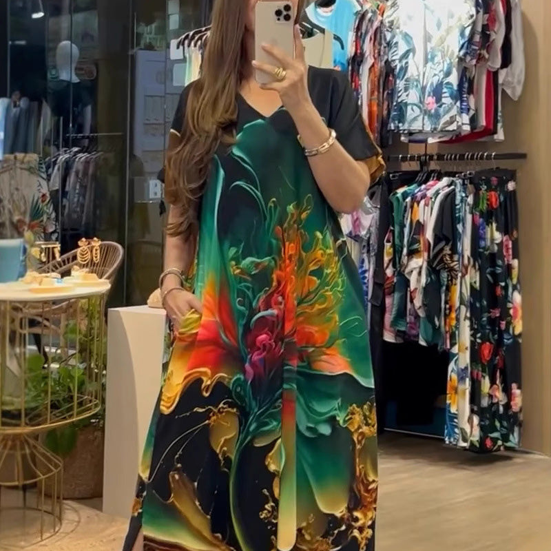 🔥👗Damskie luźne, swobodne sukienki z dekoltem w serek i krótkim rękawem🌸
