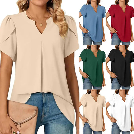 🔥👚【M-2XL】Damska koszulka z krótkim rękawem w jednolitym kolorze z dekoltem w serek
