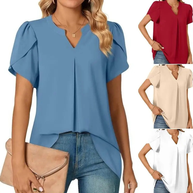 🔥👚【M-2XL】Damska koszulka z krótkim rękawem w jednolitym kolorze z dekoltem w serek