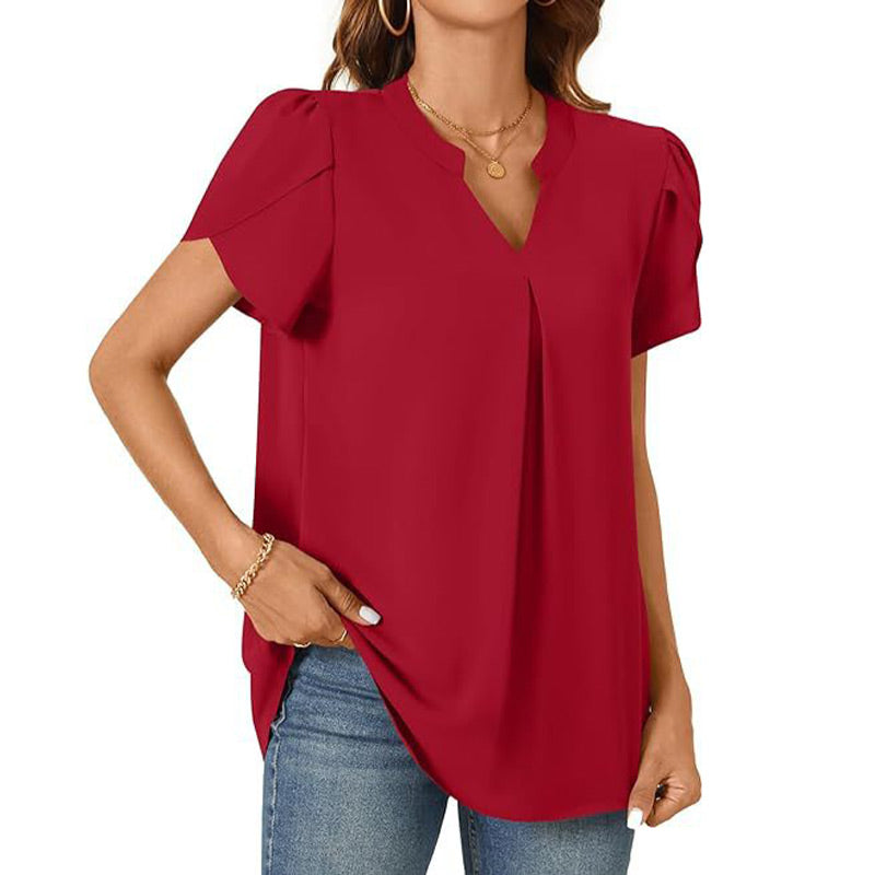 🔥👚【M-2XL】Damska koszulka z krótkim rękawem w jednolitym kolorze z dekoltem w serek