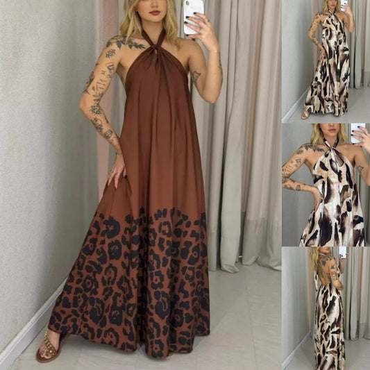 🔥👗Damska sukienka maxi z nadrukiem i dekoltem halter