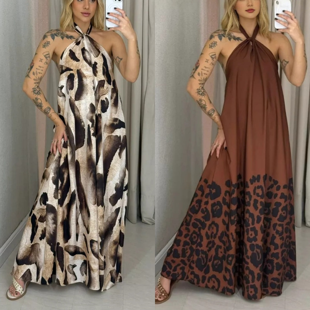 🔥👗Damska sukienka maxi z nadrukiem i dekoltem halter