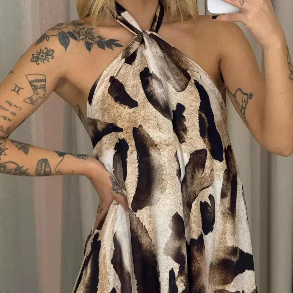🔥👗Damska sukienka maxi z nadrukiem i dekoltem halter
