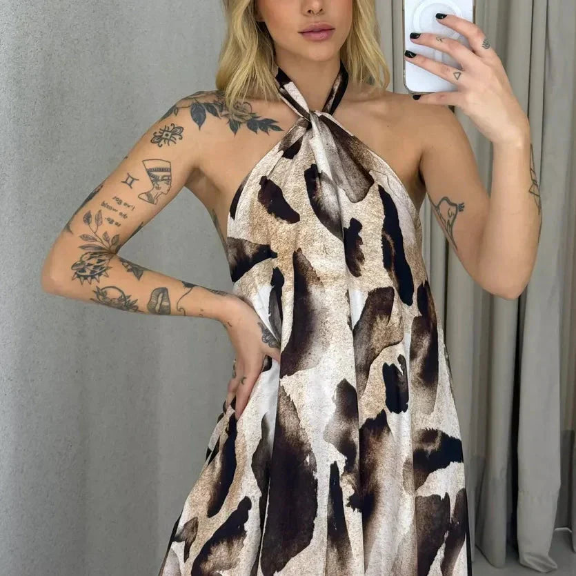 🔥👗Damska sukienka maxi z nadrukiem i dekoltem halter