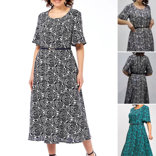 🔥👗Elegancka sukienka maxi z nadrukiem i paskiem