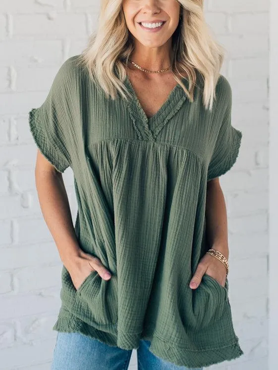 🔥👚Jednokolorowa bawełniana lniana luźna koszulka z krótkim rękawem