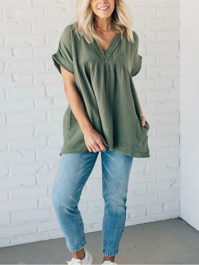 🔥👚Jednokolorowa bawełniana lniana luźna koszulka z krótkim rękawem