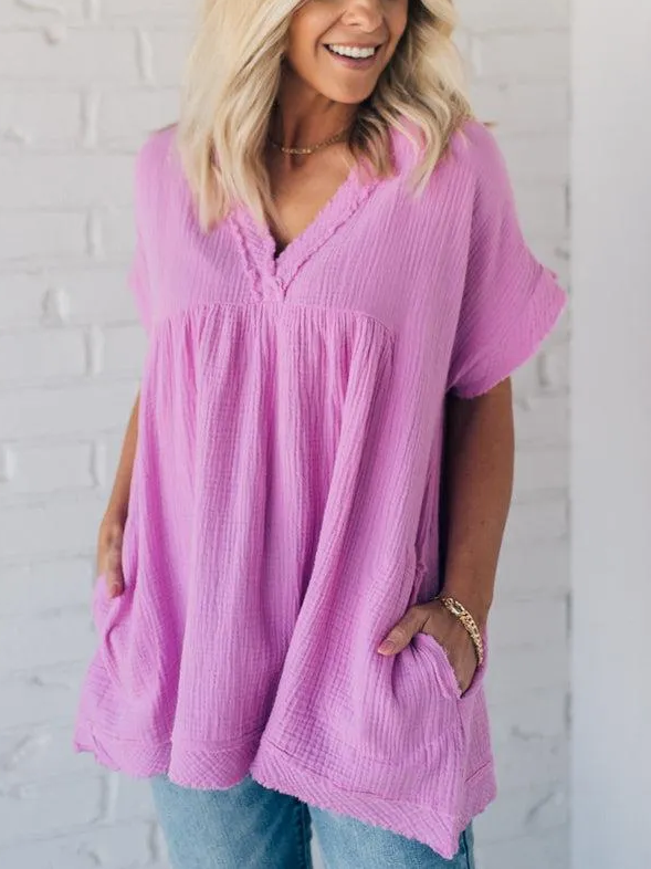 🔥👚Jednokolorowa bawełniana lniana luźna koszulka z krótkim rękawem