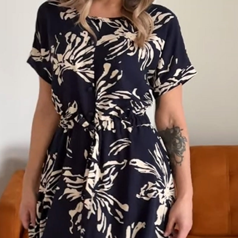🔥👗Sukienka z okrągłym dekoltem i nadrukiem kwiatowym