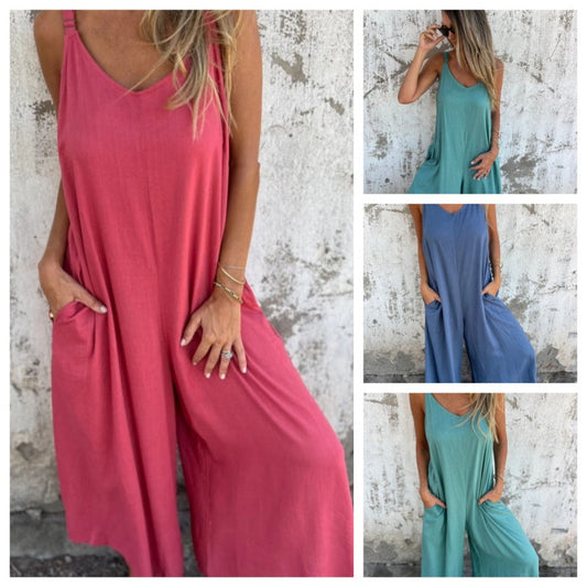 🔥👗Modny luźny lniany kombinezon z bawełny