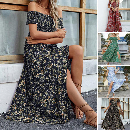 🔥👗Elegancka damska sukienka z odkrytymi ramionami w kwiatowy wzór