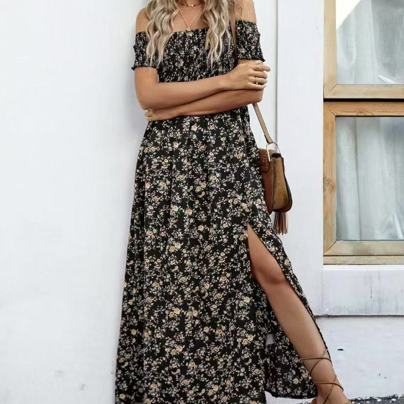 🔥👗Elegancka damska sukienka z odkrytymi ramionami w kwiatowy wzór