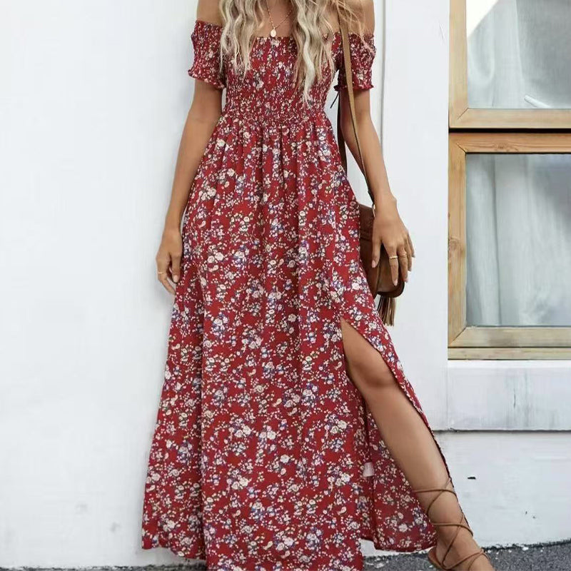 🔥👗Elegancka damska sukienka z odkrytymi ramionami w kwiatowy wzór