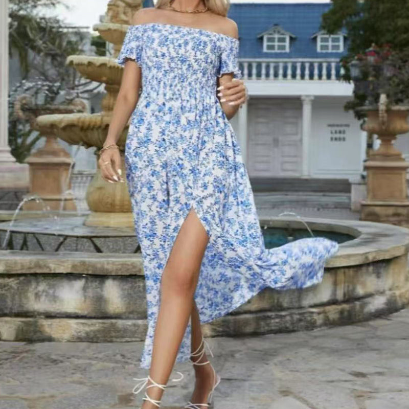 🔥👗Elegancka damska sukienka z odkrytymi ramionami w kwiatowy wzór