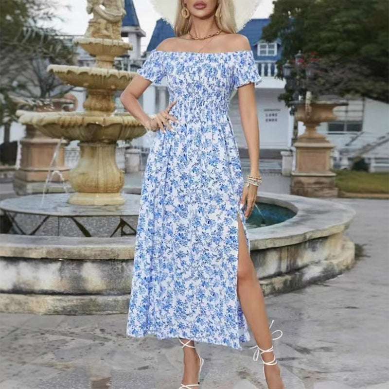 🔥👗Elegancka damska sukienka z odkrytymi ramionami w kwiatowy wzór