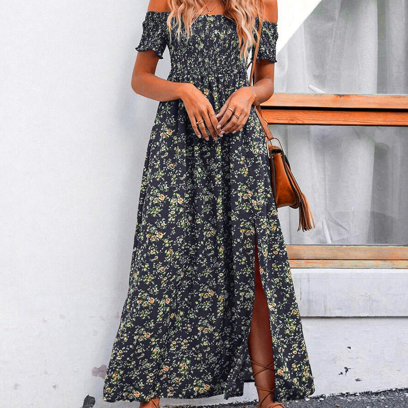 🔥👗Elegancka damska sukienka z odkrytymi ramionami w kwiatowy wzór