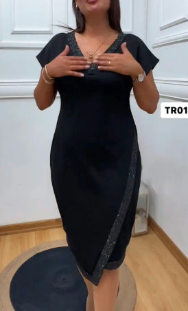 🔥👗Elegancka patchworkowa sukienka z krótkim rękawem i dekoltem w serek