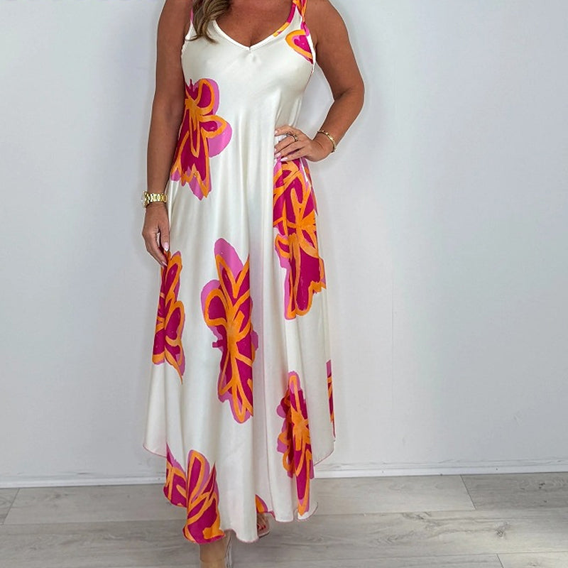 🔥👗Damska sukienka maxi z nadrukiem na ramiączkach i dekoltem w serek