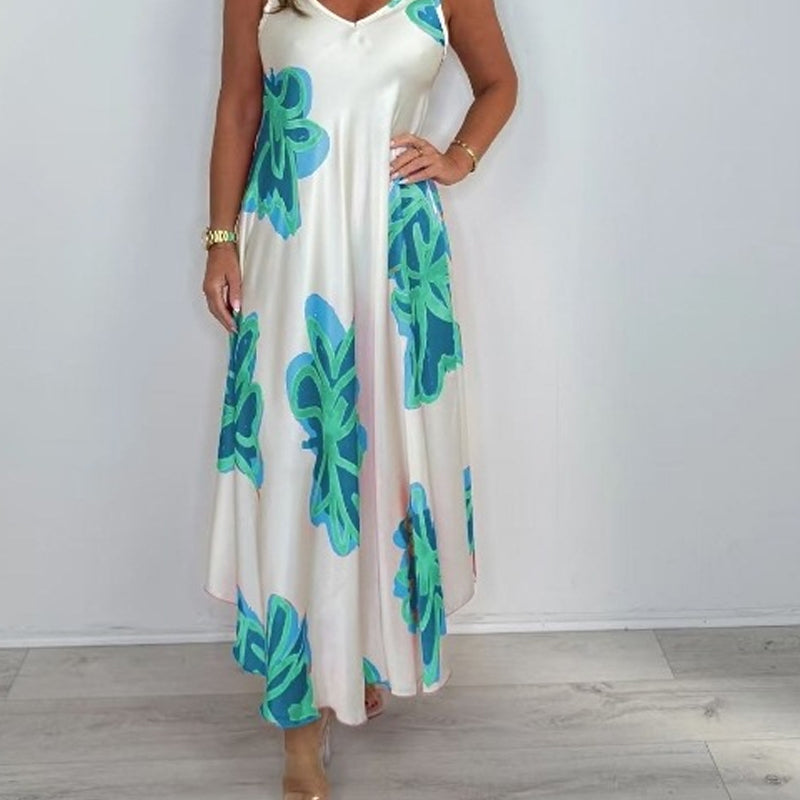 🔥👗Damska sukienka maxi z nadrukiem na ramiączkach i dekoltem w serek