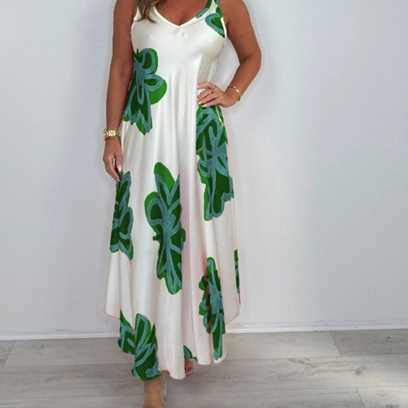 🔥👗Damska sukienka maxi z nadrukiem na ramiączkach i dekoltem w serek