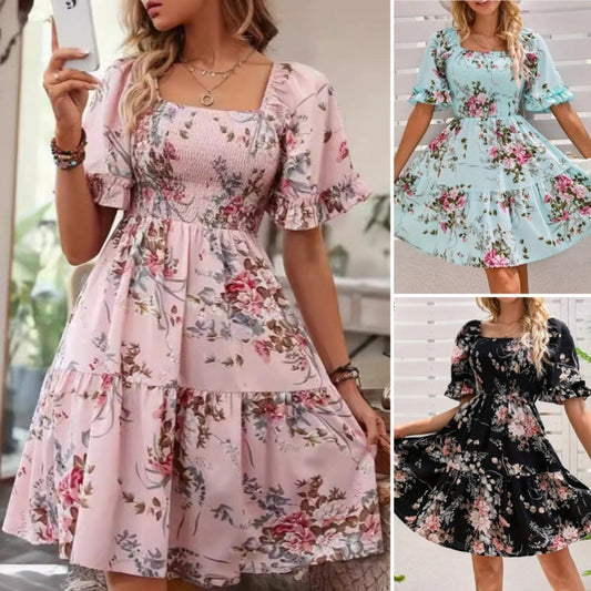 🔥👗Elegancka sukienka z kwadratowym dekoltem w kwiaty