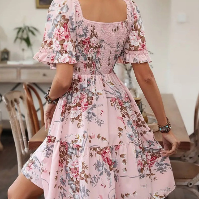 🔥👗Elegancka sukienka z kwadratowym dekoltem w kwiaty