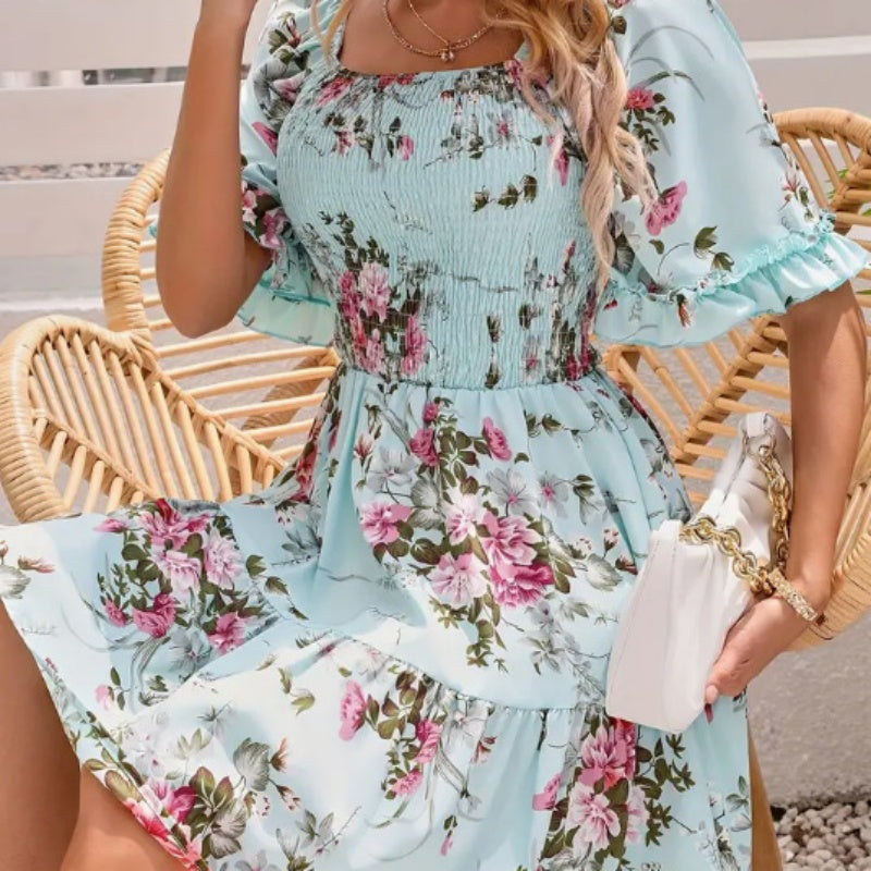 🔥👗Elegancka sukienka z kwadratowym dekoltem w kwiaty