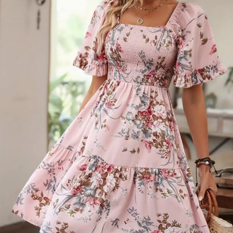 🔥👗Elegancka sukienka z kwadratowym dekoltem w kwiaty