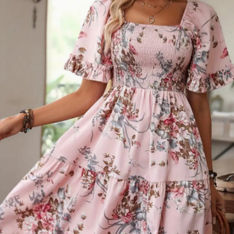 🔥👗Elegancka sukienka z kwadratowym dekoltem w kwiaty