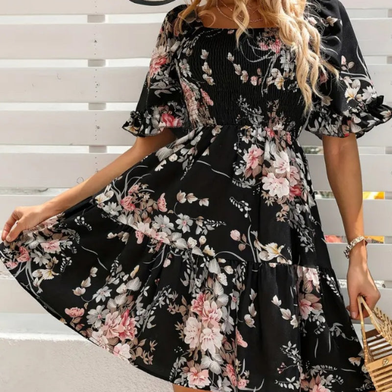 🔥👗Elegancka sukienka z kwadratowym dekoltem w kwiaty