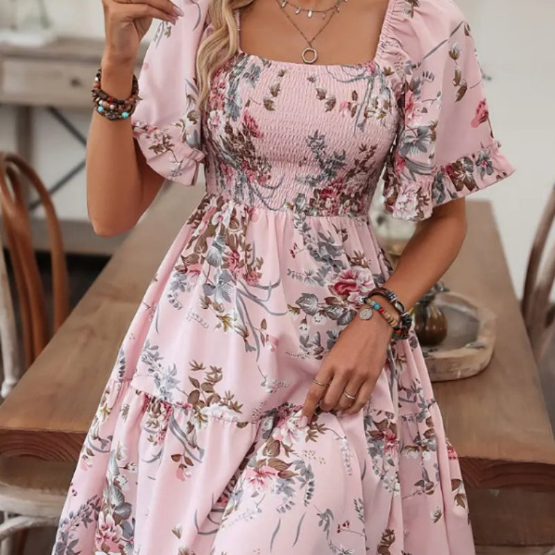 🔥👗Elegancka sukienka z kwadratowym dekoltem w kwiaty