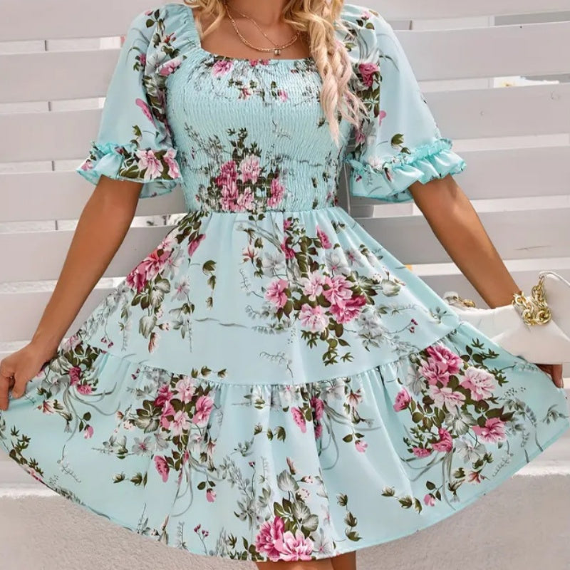 🔥👗Elegancka sukienka z kwadratowym dekoltem w kwiaty