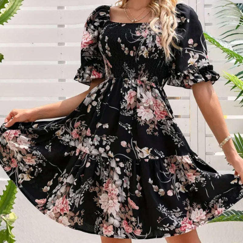🔥👗Elegancka sukienka z kwadratowym dekoltem w kwiaty