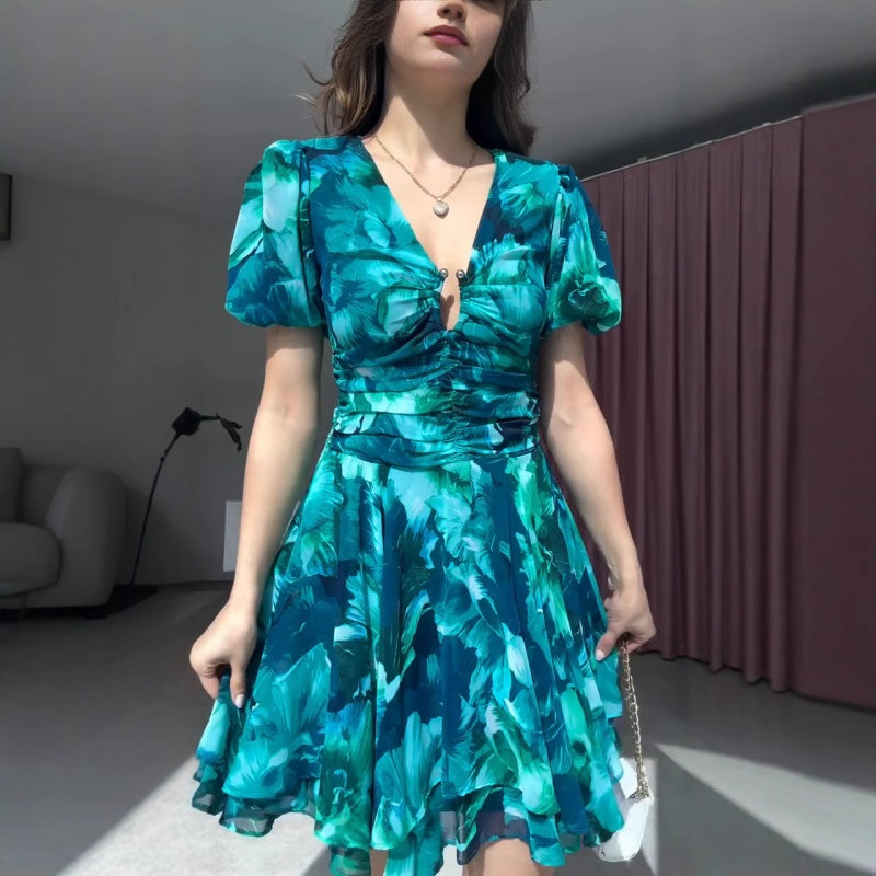 🔥👗Modna damska sukienka z nadrukiem z dekoltem w szpic
