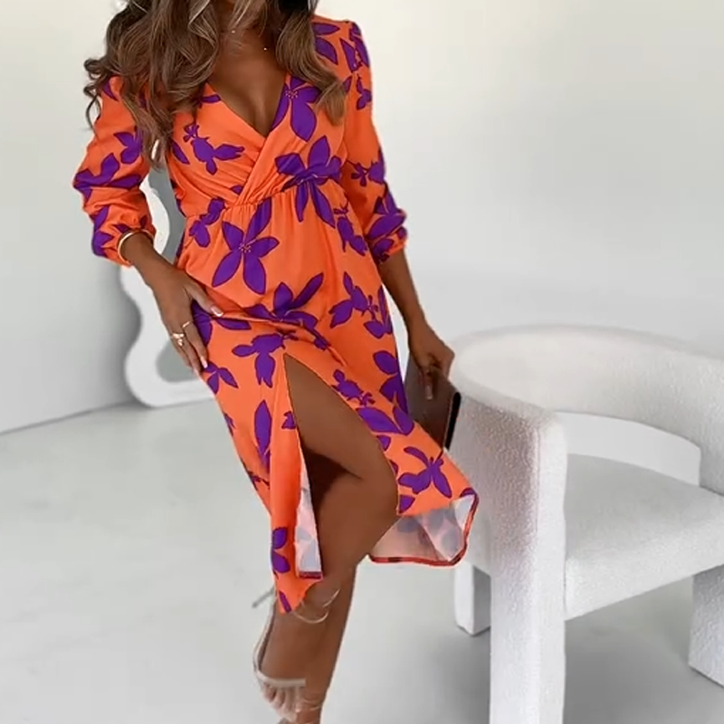 🔥👗Kwiatowa sukienka midi z dekoltem w serek - elegancka i szykowna