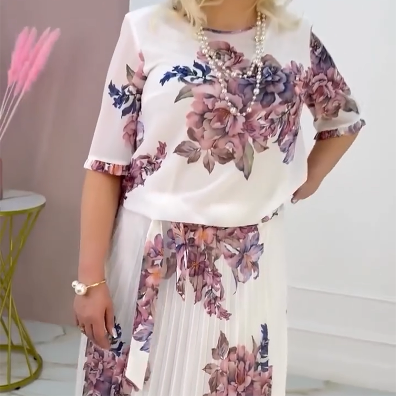 🔥👗Sukienka damska z plisowanym okrągłym dekoltem i kwiatowym wzorem🔥
