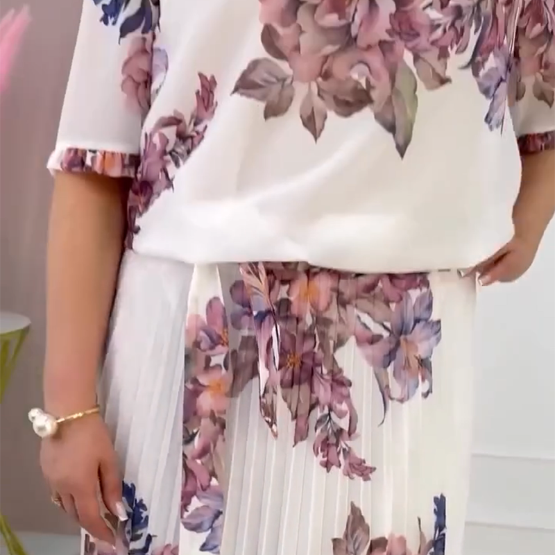 🔥👗Sukienka damska z plisowanym okrągłym dekoltem i kwiatowym wzorem🔥